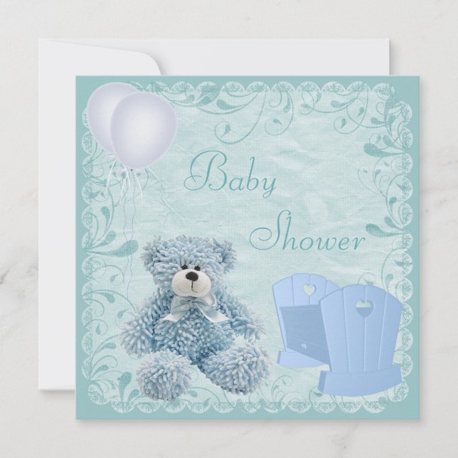 Chic Blue Teddy & Crib Baby Boy Shower Invitation (Front)