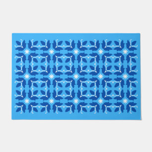 Chic Blue Tile Flowers Pattern Large Door Mat