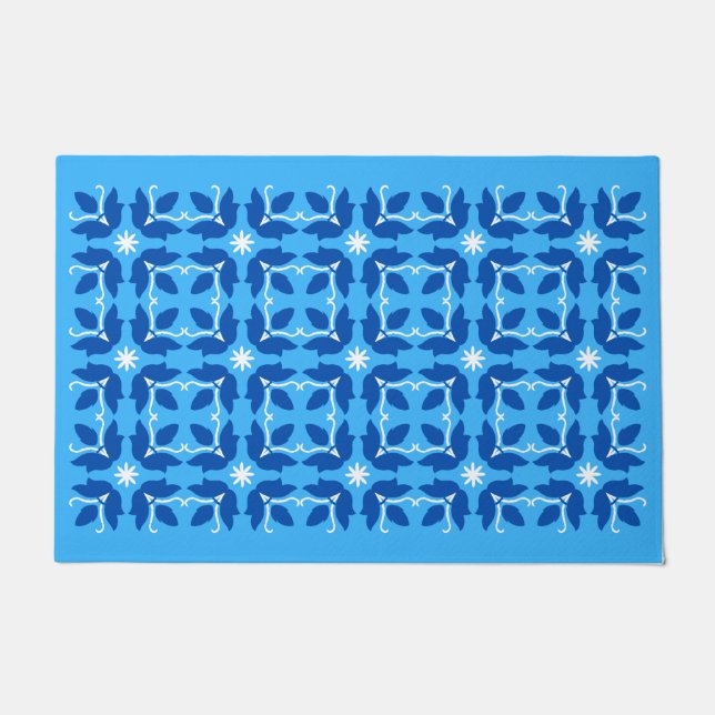 Chic Blue Tile Flowers Pattern Large Door Mat (Front)