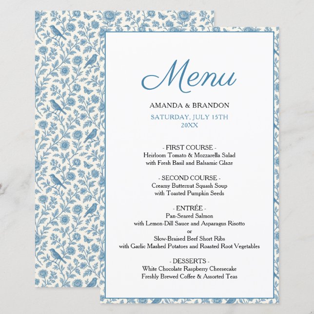 Chic Blue Toile de Jouy Floral Border Wedding (Front/Back)