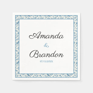 Chic Blue Toile de Jouy Floral Border Wedding Napkin