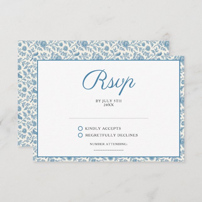 Chic Blue Toile de Jouy Floral Border Wedding RSVP Card (Front/Back)