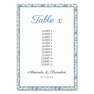 Chic Blue Toile de Jouy Floral Border Wedding Table Number