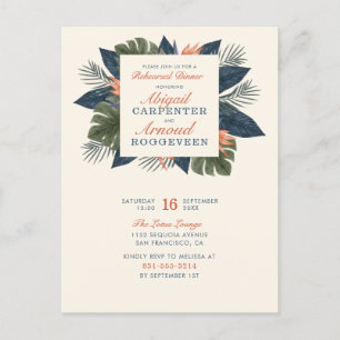 Chic Blue Tropical Leaves Unique Rehearsal Dinner Invitation Postcard
