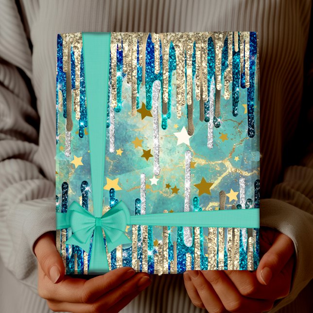 Chic blue, turquoise and gold wrapping paper (Creator Uploaded)