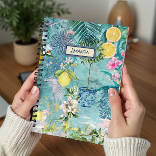 Chic Blue Turquoise Collage Sicilian Citrus Floral Notebook