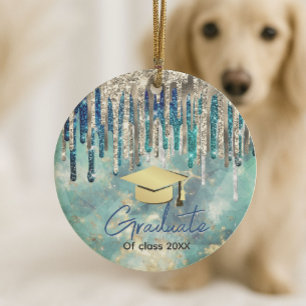 Chic blue turquoise gold glitter drips graduate ceramic tree decoration