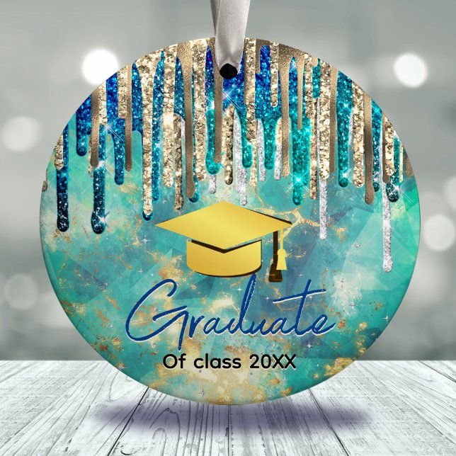 Chic blue turquoise gold glitter drips graduate ceramic tree decoration (Creator Uploaded)