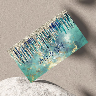 Chic blue turquoise gold glitter drips monogram appointment card