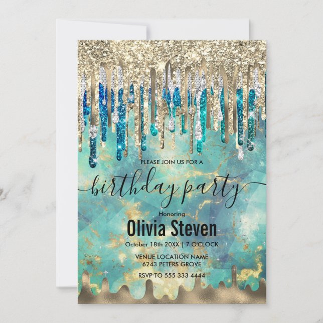Chic blue turquoise gold glitter drips monogram invitation (Front)