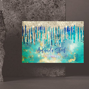 Chic blue turquoise gold glitter drips monogram magnetic business card