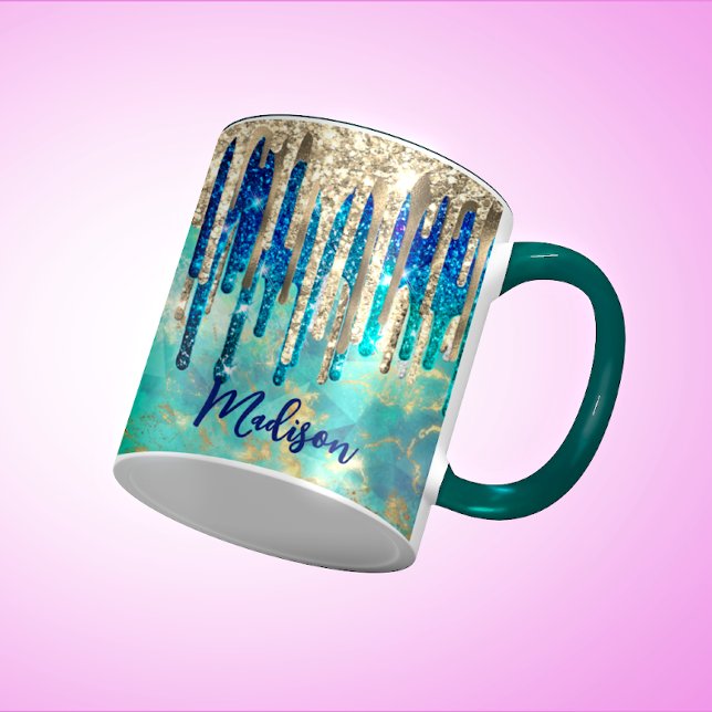 Chic blue turquoise gold glitter drips monogram mug (Creator Uploaded)