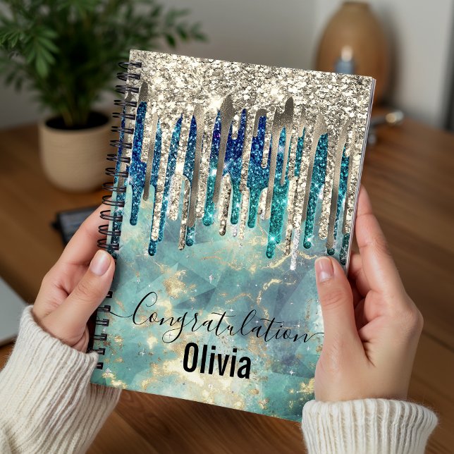 Chic blue turquoise gold glitter drips monogram notebook (Creator Uploaded)