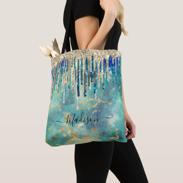 Chic blue turquoise gold glitter drips monogram tote bag (Close Up)