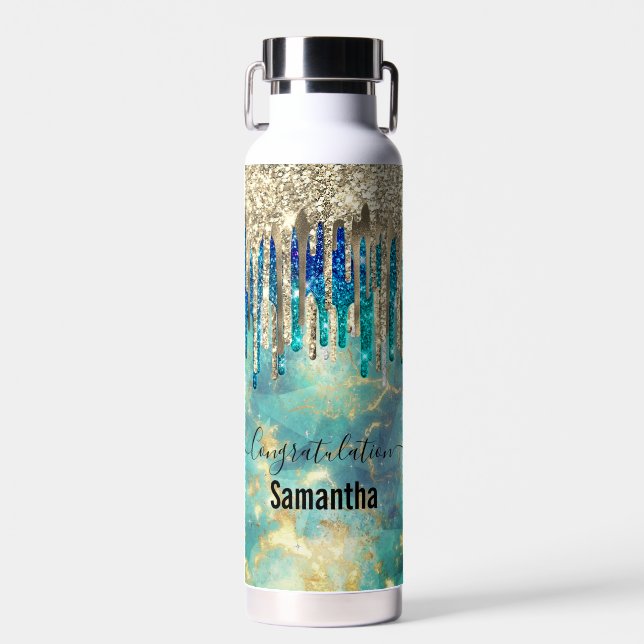 Chic blue turquoise gold glitter drips monogram water bottle (Front)