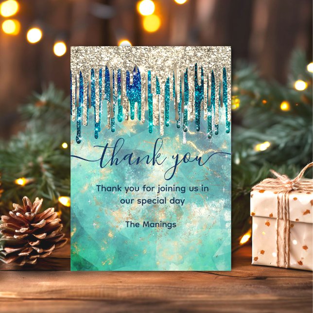Chic blue turquoise gold glitter drips thank you  card (Creator Uploaded)