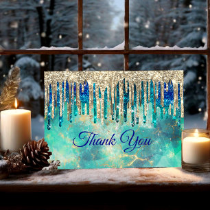 Chic blue turquoise gold glitter drips thank you card