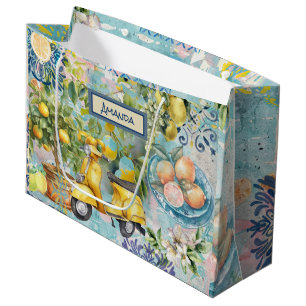 Chic blue turquoise sicilian citrus collage floral large gift bag