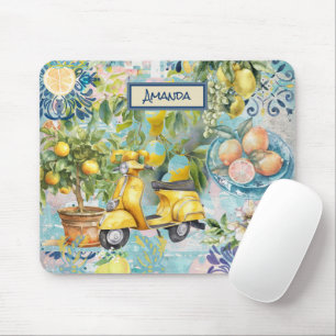 Chic blue turquoise sicilian citrus collage floral mouse pad