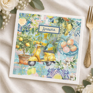 Chic blue turquoise sicilian citrus collage floral napkin