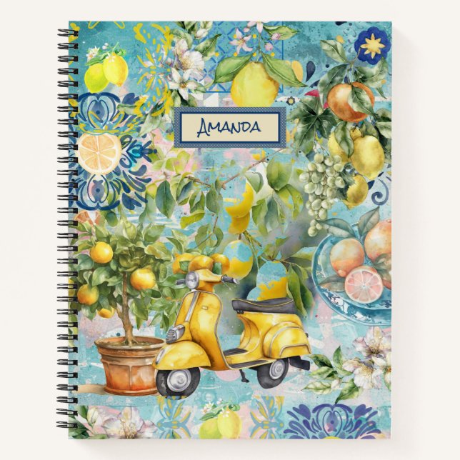 Chic blue turquoise sicilian citrus collage floral notebook (Front)