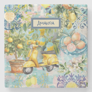 Chic blue turquoise sicilian citrus collage floral stone coaster