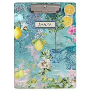 Chic Blue Turquoise Sicilian Citrus Floral Clipboard