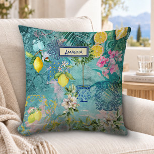 Chic Blue Turquoise Sicilian Citrus Floral Cushion