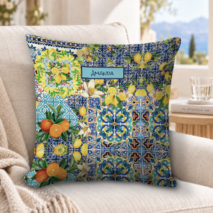 Chic Blue Turquoise Sicilian Citrus Floral Tile Cushion