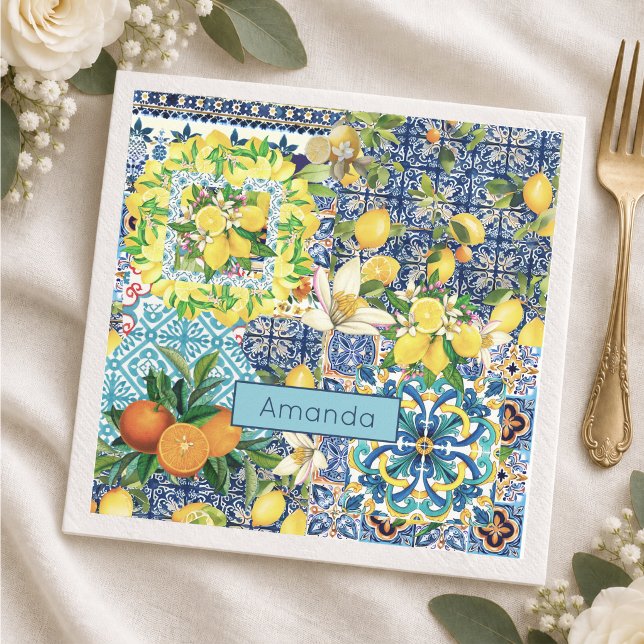 Chic Blue Turquoise Sicilian Citrus Floral Tile Napkin (Creator Uploaded)