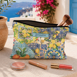 Chic blue turquoise sicilian citrus floral tiles accessory pouch