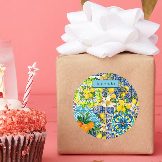 Chic blue turquoise sicilian citrus floral tiles  classic round sticker (Party)