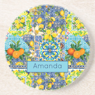 Chic blue turquoise sicilian citrus floral tiles  coaster