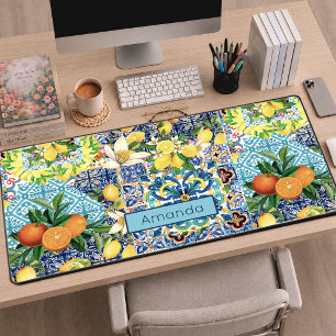 Chic blue turquoise sicilian citrus floral tiles desk mat