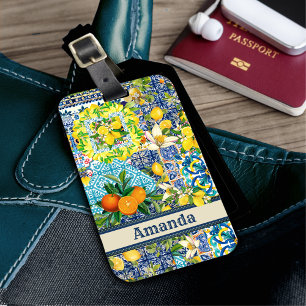 Chic blue turquoise sicilian citrus floral tiles  luggage tag