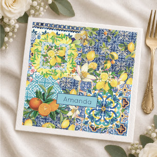 Chic blue turquoise sicilian citrus floral tiles napkin