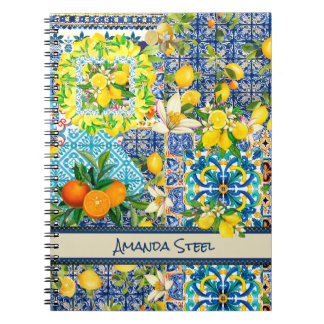 Chic blue turquoise sicilian citrus floral tiles notebook
