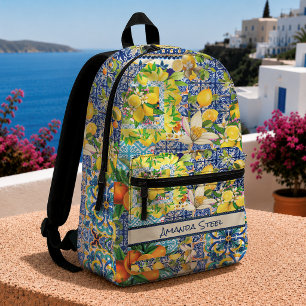 Chic blue turquoise sicilian citrus floral tiles  printed backpack