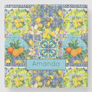 Chic blue turquoise sicilian citrus floral tiles  stone coaster