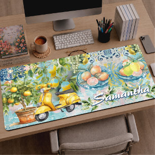 Chic Blue Turquoise Sicilian Floral Collage Desk Mat