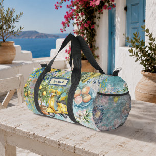 Chic Blue Turquoise Sicilian Majolica Floral Duffle Bag