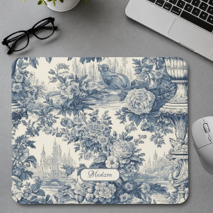 Chic Blue Vintage Toile de Jouy Monogram Mouse Pad