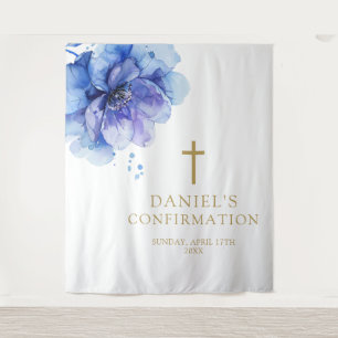 Chic Blue Watercolor Floral Confirmation Backdrop Tapestry
