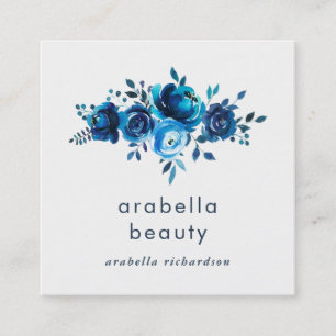 Chic Blue Watercolor Floral   Social Media Icons Square Business Card