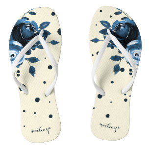 Chic Blue Watercolor Floral with Dots and Add Name Jandals