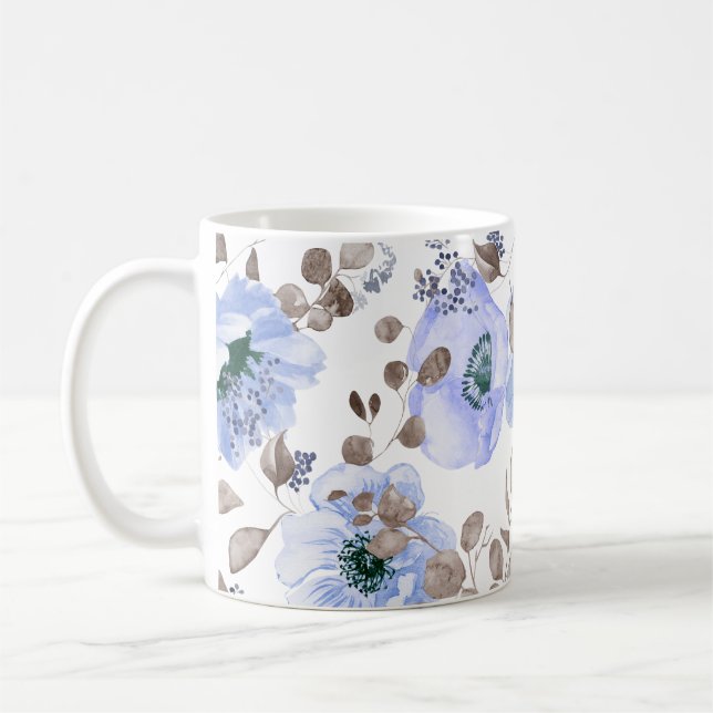 Chic Blue Watercolor Flowers  Coffee Mug (Left)