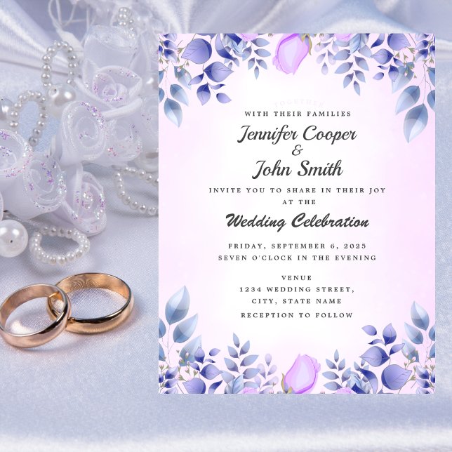 Chic Blue Watercolor Pink Roses Wedding Invitation (Creator Uploaded)