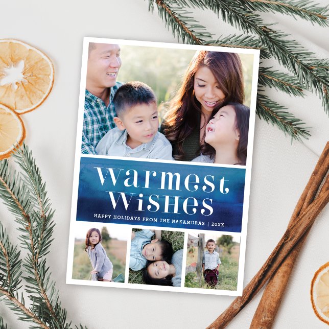 Chic Blue Watercolor Warm Wishes Christmas Photo Holiday Card (Creator Uploaded)