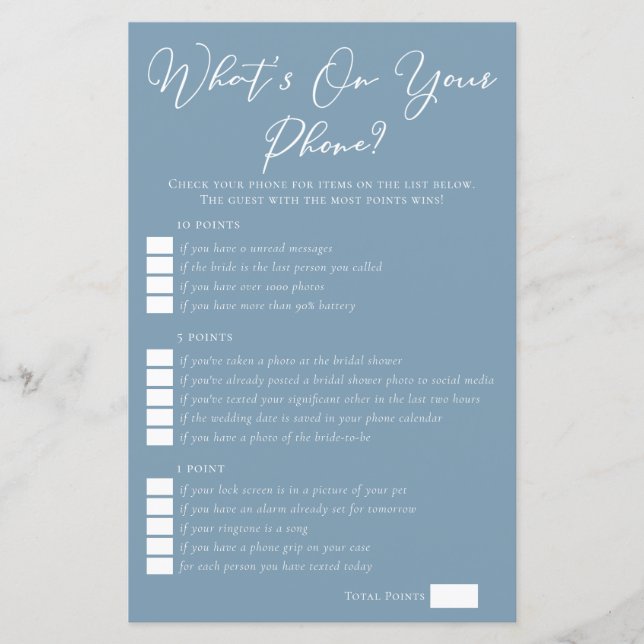 Chic Blue What's On Your Phone Bridal Shower Game (Front)
