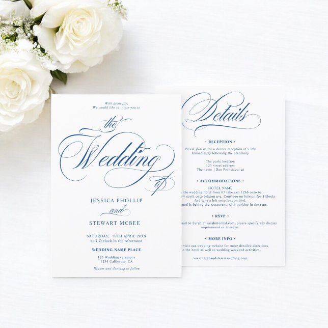 Chic blue white all in one calligraphy wedding  invitation (Chic blue white all in one calligraphy wedding invitation)